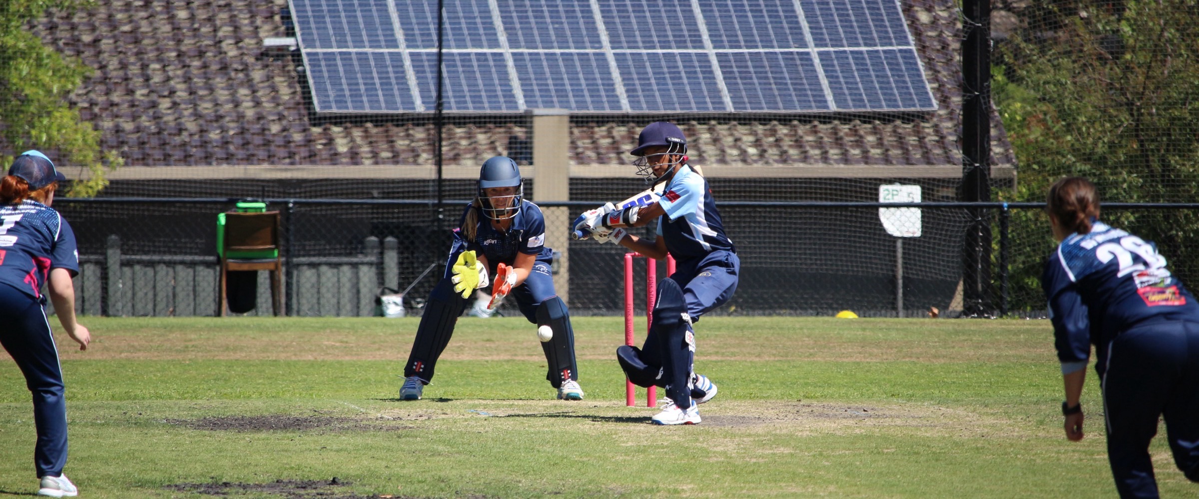 A Canterbury batter cuts a white ball square on Pink Stumps Day, the wicketkeeper crouched behind the pink stumps and fielders closing in on either side